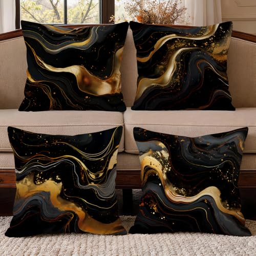 OBSEDE Black Gold Marble Decorative Throw Pillow Covers 18x18 in Set of 4