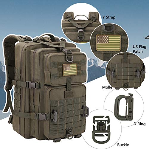 Image of Hannibal Tactical MOLLE Assault Backpack, Tactical Backpack Military Army Camping Rucksack, 3-Day Pack Trip w /USA Flag Patch, D-Rings, Olive