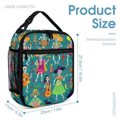 Backpack Book Bags with Lunch Box Storage Bag Backpack Set Daypack with Lunch Bag and Cosmetic Bags (Day of The Dead Skeleton Dance)4