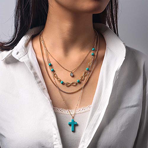 Derora Boho Turquoise Necklace Gold Long Cross Pendant Necklaces Forever Chain Jewelry for Women and Girls