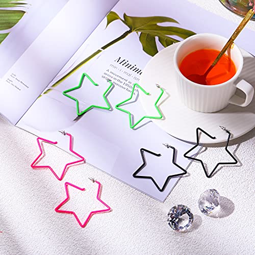 Hicarer 3 Pairs Halloween 70s 80s Neon Earrings Hoop Star Square Retro Earrings Gifts for Women Glow Party Costume Accessory3