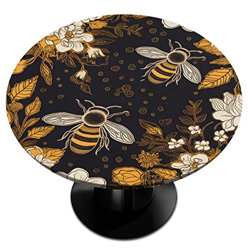 lakefvgk Vinyl Fitted Tablecloth Elastic Edge Design Heavy Duty Lovely Bee Flower Print Table Cover Waterproof Oil-Proof PVC Table Cloth Stain-Resistant Wipeable for Round Table 45-56