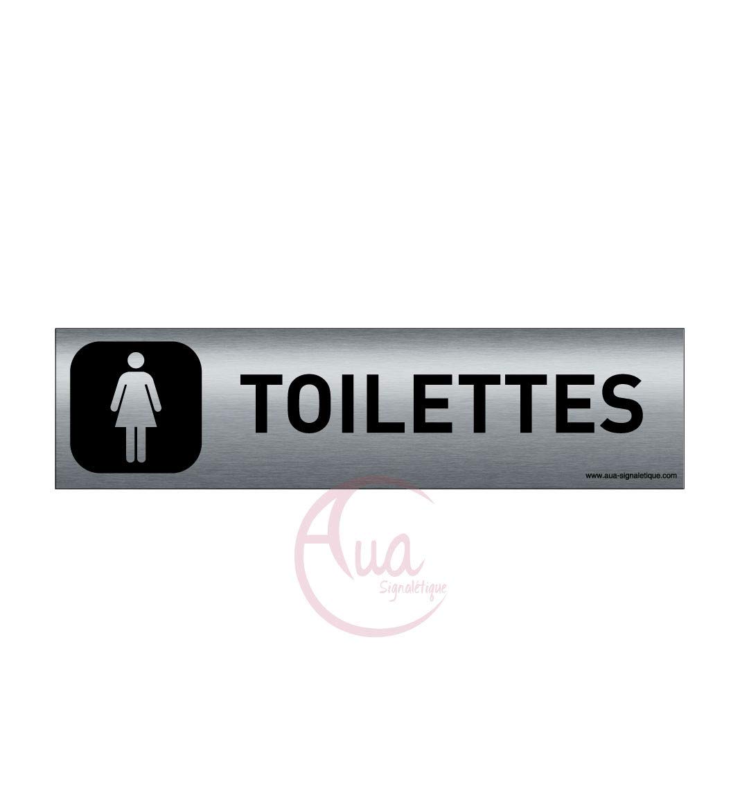 AUA SIGNALETIQUE - Plaque Aluminium brossé imprimé AluSign DARK - 200x50 mm - Double Face adhésif au dos (Toilettes Femme)