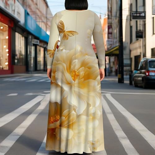Image of PinkPatty Plus Size Maxi Dress for Curvy Women Crew Neck Long Sleeves Casual Dress Vacation Sundresses with Pockets