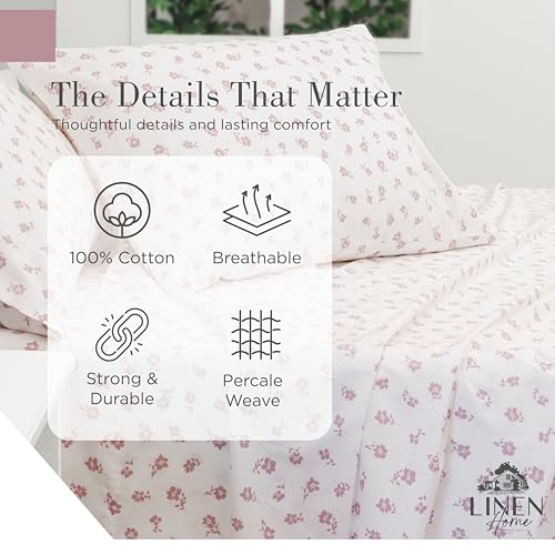Image of Linen Home 100% Cotton Printed Percale Sheet Set King Size, 4 Piece Deep Pocket Floral Bedding, Crisp Cool & Breathable, Fade-Resistant Design, Hotel Luxury, Long-Staple Cotton, Mauve Silhouette