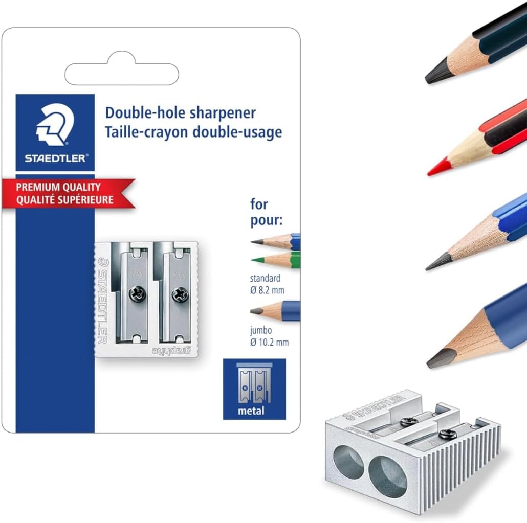 STAEDTLER Metal Double-Hole Pencil Sharpener - Precision 23° & 30° Angles for Standard & Colored Pencils - 3-Point Blade Design for Sharp Lines, 18 Pack