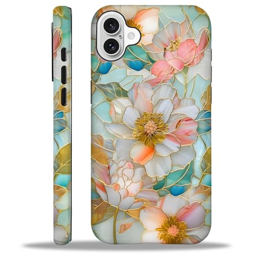 TAMEFOX Case for iPhone 16 Plus,Anti Drop Scratch Frosted Protective Cover Case for Women Girl-Stained Glass Gold Floral Art