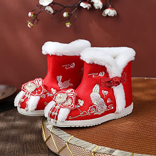 Toddler Ethnic Style Cotton Boots for Gilrs Cloth Shoes Warm Winter Snow Boots Neoprene Kids Boots Winter (Red, 9-9.5 Years Big Kids)2