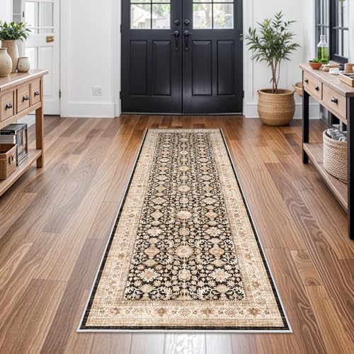Washable 2x6 Hallway Runner Rug: Soft Kitchen Rug Non Slip Runners with Rubber Backing for Living Room Bedroom Bathroom Non Shedding Farmhouse Carpet Runner (Black, 2X6)