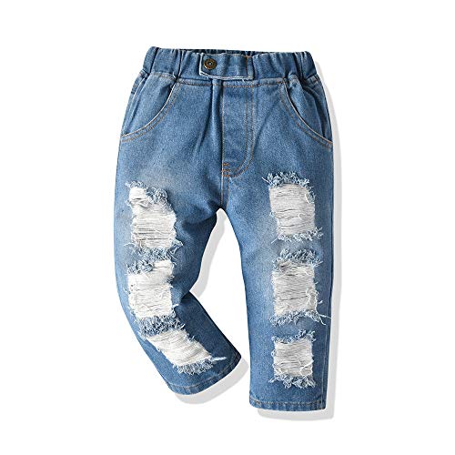 JMOORY Baby Girls Boys Jeans Toddler Elastic Waist Ripped Denim Pants Jeans(110/3-4T, Blue)