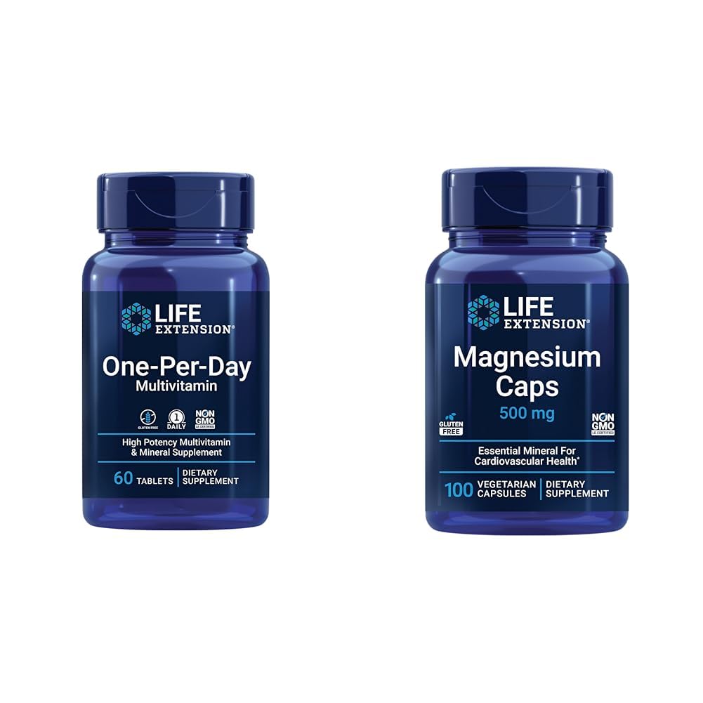 Life ExtensionOne-Per-Day Multivitamin – Packed with Over 25 Vitamins, Minerals & Plant Extracts & Magnesium Caps, 500 mg, Magnesium Oxide, Citrate, Succinate, Heart Health