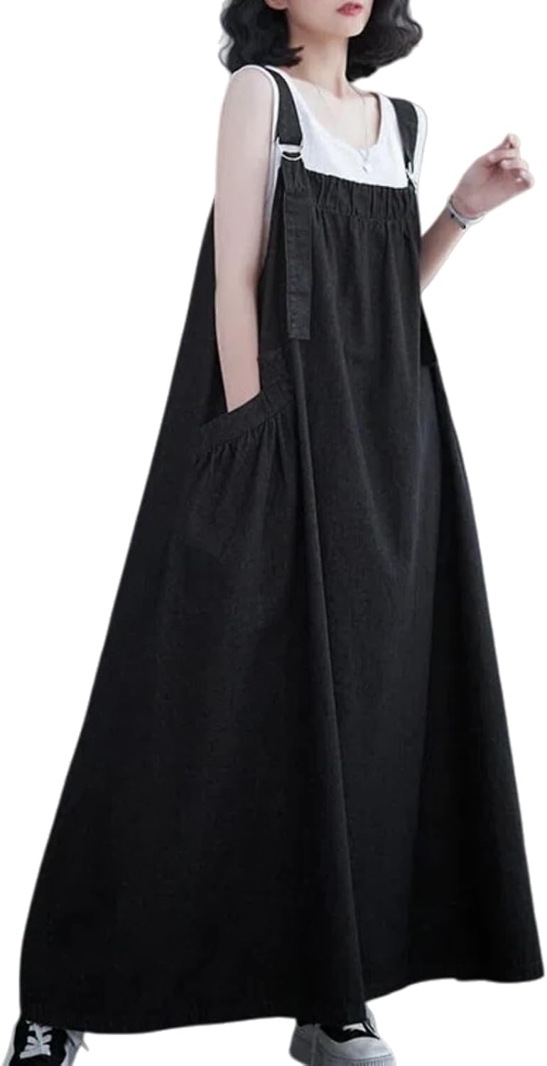 Women's Casual Denim Overall Dress, Long Maxi Length, Loose Fit with Pockets, Adjustable Straps