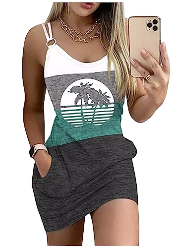 EXMIUN Live Simple Coconut Tree Color Block Pocket Mini Dress Women Summer Beach Sleeveless Strap Tshirt, As Shown 4, XL