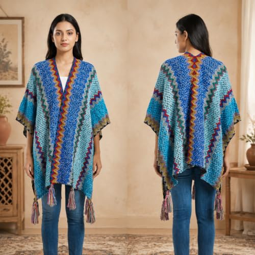 Image of SANNIDHI Shawls Poncho for Women Winter Wear Crochet Fringe Cape 140x110cm