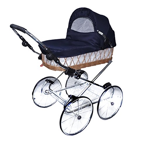 Eichhorn Korb Puppenwagen Retroklassiker (Korb Natur, Stoff Marineblau)