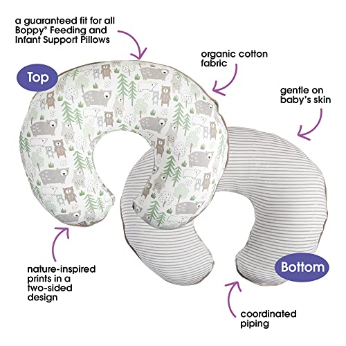 Boppy Nursing Pillow Cover –Organic Fabric | Taupe Bears Side And Tan Stripes Side With Piping | Organic Cotton Fabric | Fits Boppy Bare Naked,Original And Luxe Breastfeeding Pillow | Awake Time Only #TOP3
