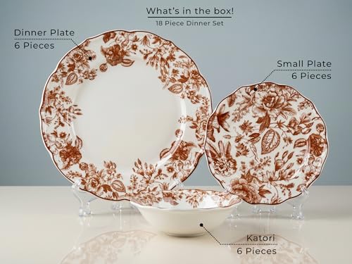 Image of Bodhi House Porcelain Dinner Set 18 Pieces - Brown Leaf | 6 Dinner Plates, 6 Quarter Plates, 6 Katori Bowls | Premium Crockery Set for Dining, Kitchen & Gifting