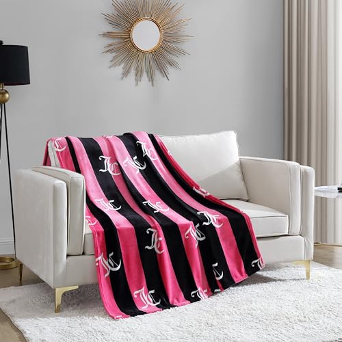 Image of Juicy Couture Cabana Plush Hot Pink Striped 50"X70" Fuzzy Throw Blanket - Luxurious Microfiber Plush Blanket for Ultimate Comfort and Cozy Warmth