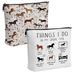 TheClover Equestrian Makeup Bag Set – 2-Pack Canvas Pouch with Horse Print & Humorous “Spare Time” Quote – Cosmetic Organizer for Horse Lovers, Riding Essentials – Gift for Equestrian Enthusiasts