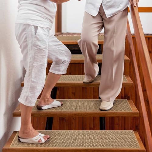 Seloom Linen Non Slip Stair Treads Carpet for Wooden Steps Indoor, Peel and Stick Carpet Stair Tread for Wood Stairs, Machine Washable Stair Runners for Pets, 15 Pack, Beige (9\" x36\")