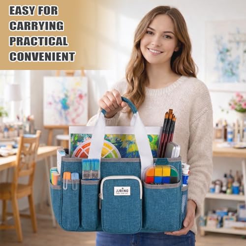 Image of JJRING Foldable Craft Organizer Tote With Zipper & Divider, Green | Portable Art Storage Caddy Bag For Scrapbooking, Sewing, Artist & Home