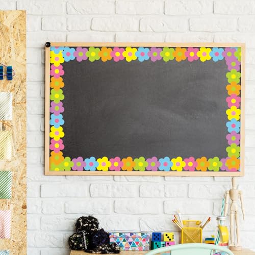 Image of Whaline 32.8 Ft Neon Color Flower Bulletin Board Border Back to School Bright Boho Floral Die-Cut Rolled Bulletin Board Trim for Classroom Office Chalkboard Wall Decor