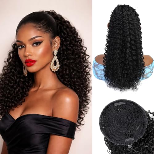 18inch Drawstring Ponytail Extension,Black Hair Extensions For Women,Long Curly Ponytail Synthetic Hairpieces for Daily Use (1B)