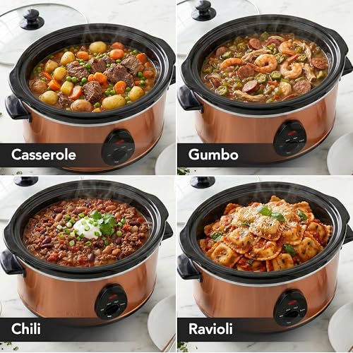 Image of OVENTE 3.7 Qt Electric Slow Cooker, 3 Heat Settings, Copper SLO35ACO | 200W Non-Stick & Dishwasher Safe Stoneware, Stainless Steel Body, Glass Lid, Oval Pot for Entrees, Soups, Sauces, Stews, Dips