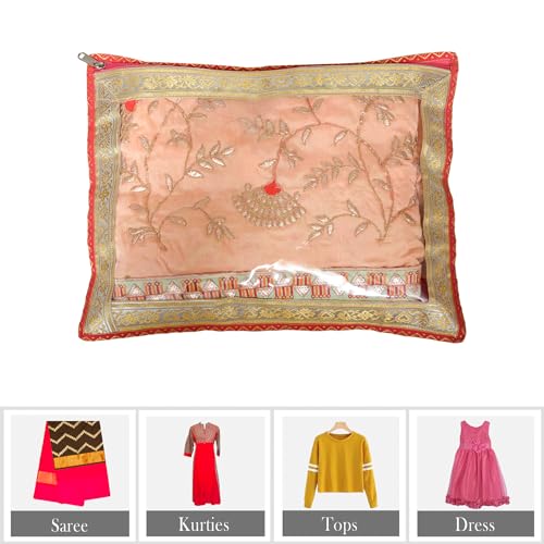 Image of Kuber Industries Saree Cover | Clothes Storage Bag | Single Packing Saree with Zip Closure | Wardrobe Organizer | Cloth Stoarge Organizer | 4 Side Lace Saree Cover | Pack of 6 | Pink