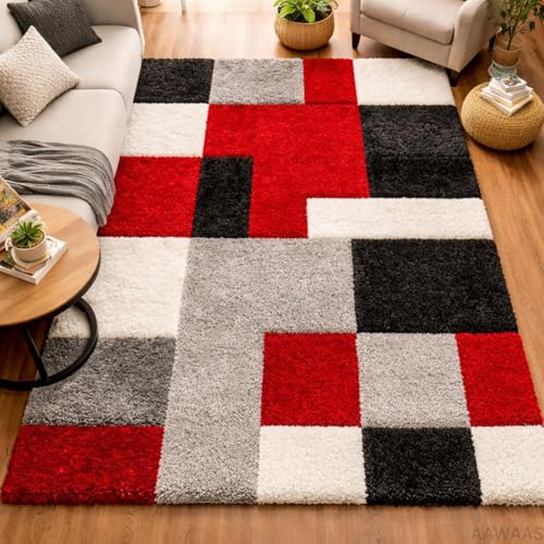 Image of 3D Shaggy Polyester Carpet Rug Runner Area Mats for Bedroom /Living Area /Home with Anti Slip Backing Soft /Fluffy Hight Pile - (3D Red B, 5x7 feet)