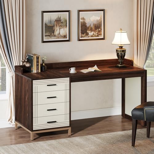 Image of Tribesigns 61-Inch Computer Desk with 4 Drawers, Mid-Century Modern Office Desk with Storage, Wood Study Writing Table for Home Office, Study Room, Bedroom, Brown & Beige