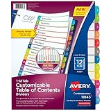 AVERY 12 Tab Dividers for 3 Ring Binders, Customizable Table of Contents, Multicolor Tabs, 1 Set, 24 Packs (11843)