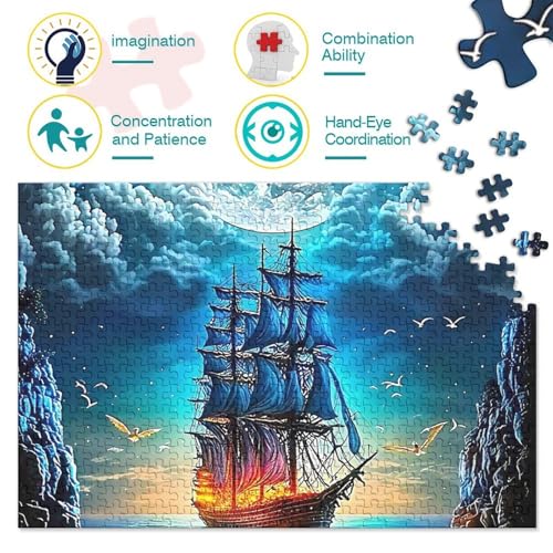 Puzzle para adultos de 1000 piezas de papel sobre barco de vela y luna mística 3