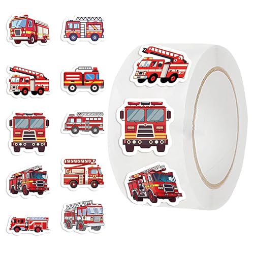 XIAYANG Firefighter Sticker - Waterproof 500X Self-Adhesive Fire Truck Sticker Roll, Vehicle Stickers | Cartoon Baby Birthday Party Decorations, Goodie Bags Labels Decals for Notebook Envelope