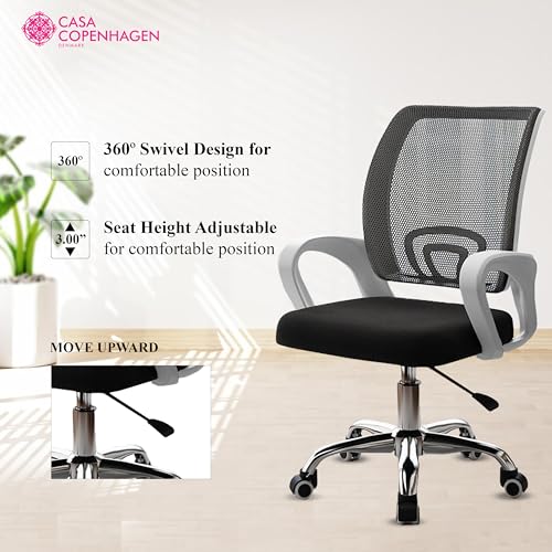 Image of Casa Copenhagen Mesh Mid Back Office /Study /Computer /Revolving /Desk Chair for Work from Home -Metal Base, Height Adjustable Seat - Black & White Handle