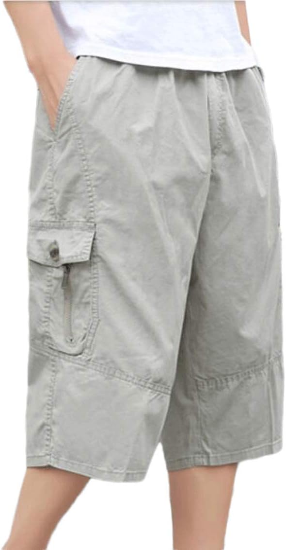 Mens Below Knee 3/4 Long Cargo Shorts Elastic Relaxed Fit Cotton Casual Twill Capri Pant