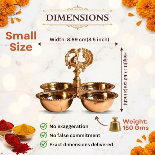 Image of Brass Kankavati Haldi Kumkum Container | Traditional Pooja Sindoor, Chawal Holder | Peacock Design 4 Bowl Pooja Accessory for Festivals, Gifting & Home Mandir (Brass Polished, Small)