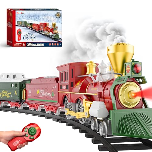 Hot Bee Christmas Train Set with Remote Control Train Toys w/Smoke, Lights & Sound, Christmas Train Sets for Around The Tree, Toy Trains for Kids 3 4 5 6 7+ Years Old Boys Gifts