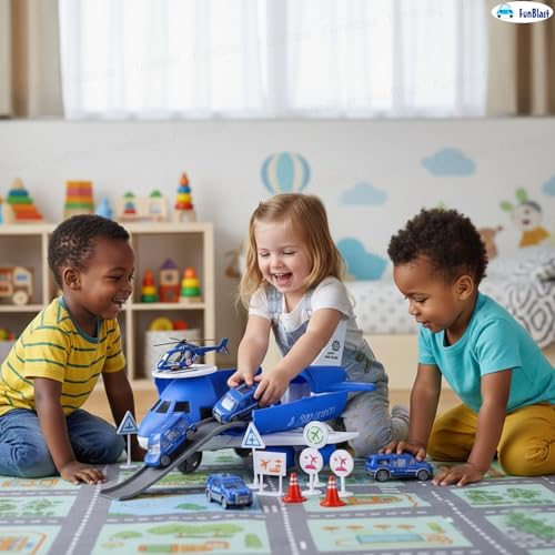 Image of FunBlast Police Airplane Toy Set - Big Aircraft with 4 Police Vehicles, Helicopter, Road Signs & Cones, DIY Firefighter Playset for Kids, Educational Role Play Toy for Boys & Girls (Blue)