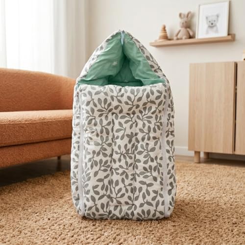 Image of 3-in-1 Baby Bed & Sleeping Bag for Newborn | Portable Cotton Baby Bedding Set | Unisex Carry Nest & Baby Holder for New Born | Soft & Lightweight Infant Sleep Bag (Grey Leaves)