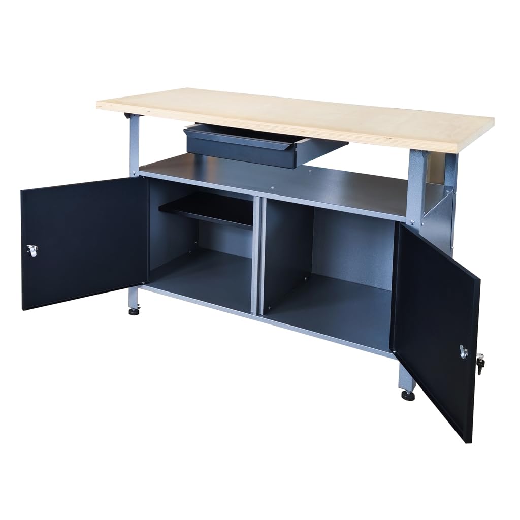 Werkbank aus Metall mit 30 mm Sperrholzplatte, verschließbaren Türen und Schublade, Maße (BxTxH): 120 x 85 x 60 cm