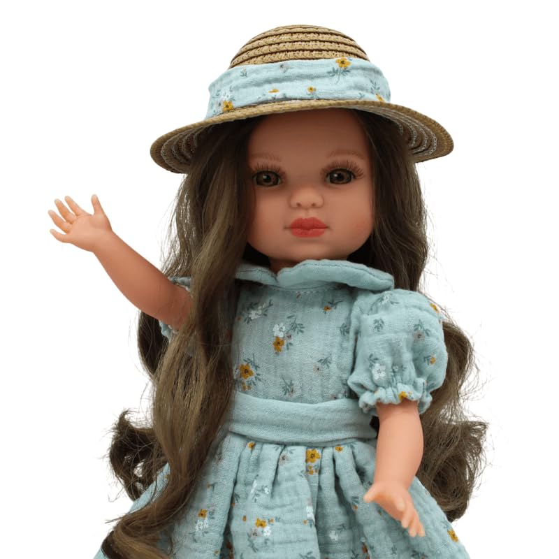 Set Ropa muñeca Folk Artesanía Vestido Verde Estampado y Sombrero Paja para muñecas colección Sintra, Simona, Mari's, Pepa's o Naia 41 cm.