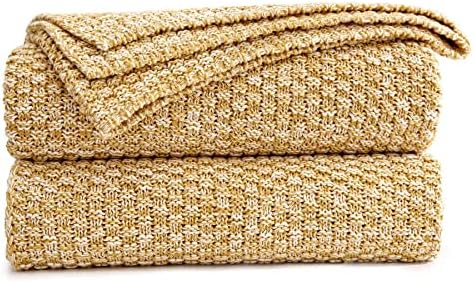 Longhui bedding Gold Knitted Throw Blanket for Couch, Soft, Cozy Machine Washable 100% Cotton Sofa Blanket, Heavy 2.5lb Weight, Laundry Bag Included, Mustard Yellow and White