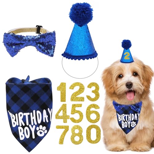 Hunde Geburtstag Hut Bandana Set - Hüte Schleifen Fliege Und Halstücher Zum Hund Geburtstags Mit Zahlen Für Haustier Kostüme Happy Birthday Party Dekorationen Accessoires(Blau)
