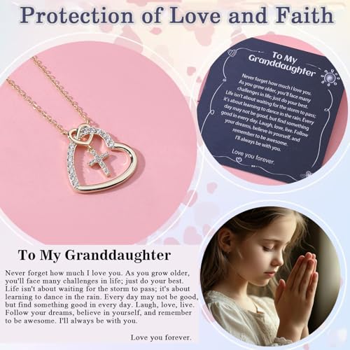 Heart Cross Necklace for Teen Girls,14K Gold Plated with CZ Stones, Birthday Christmas Everyday Wear Religious Jewelry Gift for Daughters, Granddaughters, Nieces3
