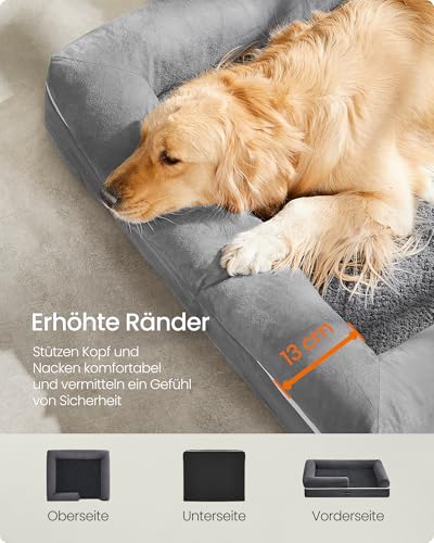 Feandrea Orthopädisches Hundebett, Hundekissen, Hundekorb, weiche Polsterung, Hundesofa, erhöhte Ränder, Bezug abnehmbar und waschbar, 112 x 81 x 18 cm, rutschfeste Unterseite, hellgrau PGW068G02V1