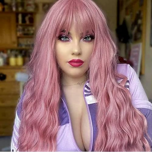 VEBONNY Pink Wig with Fringe, Synthetic Hair Halloween Pink Wig for Women,Long Loose Curly Wavy Wigs for Cosplay, 24 inch VEBONNY-173 Cover