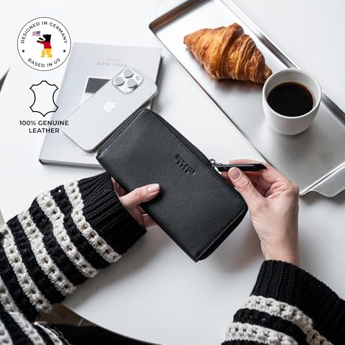 Image of BERLINER BAGS Genuine Leather Zip Wallet Women Margo, Gift Box - Black | Soft Leather Zip Around Wallet, Fit up to Phone 6.9 inch, 12 Card Slots, 1 ID Window, 1 Coin Pocket, RFID Blocking