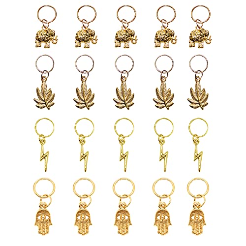GOLD XIONG PADISHAN 20Pcs Hair Jewelry for Women Braids Accessories, Dreadlock Beads Rings Cuffs Clips, Hair Locs Metal Gold Color Elephant Leaf Lightning Hands Beads for Braids Decoration