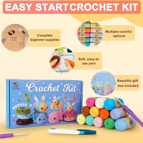 Image of Crochetta Crochet Kit for Beginners Adults - Complete Starter Set with Crochet Hooks, Scissors, Stitch Markers + 12-Colored Yarn 45-50 Yards (20g) per Color